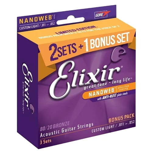 Kit Encordoamentos para Violão Aço Elixir (.011-.052) Bronze 80/20 ( Kit Leve 3/ Pague 2) 16538