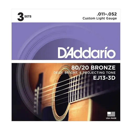 Kit com 3 Encordoamentos para Violão Aço D'Addario EJ13-3D (.011-.052) Bronze 80/20