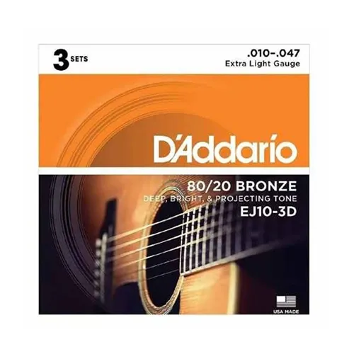 Kit com 3 Encordoamentos para Violão Aço D'Addario EJ10-3D (.010-.047) Bronze 80/20