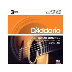 Kit com 3 Encordoamentos para Violão Aço D'Addario EJ10-3D (.010-.047) Bronze 80/20
