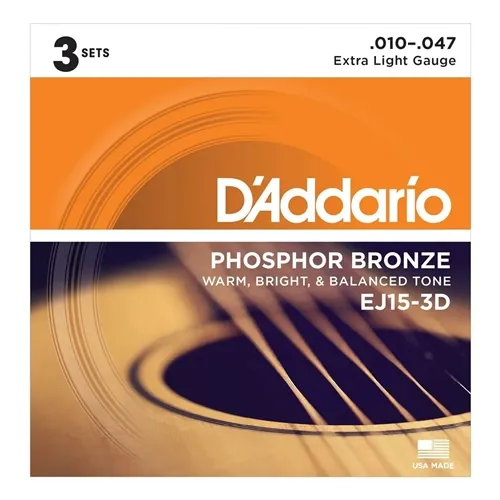 Kit com 3 Encordoamentos para Violão Aço D'Addario EJ15-3D (.010-.047) Phosphor Bronze