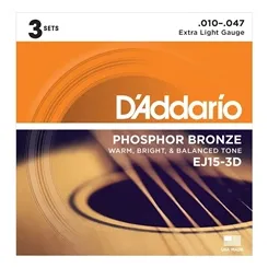 Kit com 3 Encordoamentos para Violão Aço D'Addario EJ15-3D (.010-.047) Phosphor Bronze