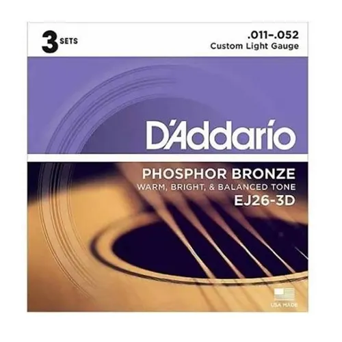 Kit com 3 Encordoamentos para Violão Aço D'Addario EJ26-3D (.011-.052) Phosphor Bronze