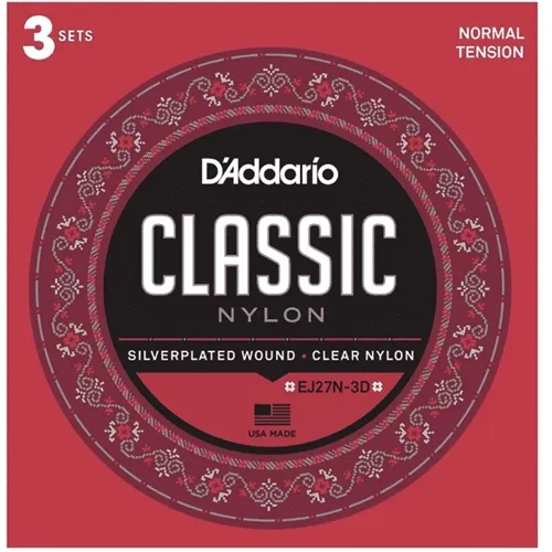 Kit com 3 Encordoamentos para Violão Nylon D'Addario EJ27N-3D Tensão Normal