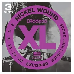 Kit com 3 Encordoamentos para Guitarra D'Addario EXL120-3D (.009-.042)