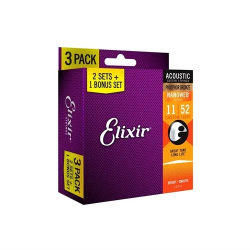 Kit Encordoamentos para Violão Aço Elixir (.011-.052) Phosphor Bronze 16544 (Leve 3 Pague 2)