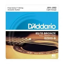 Encordoamento para Violão Aço D'Addario EZ910-B (.011-.052) (Com 1ª Corda Mi Extra) Bronze 85/15