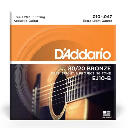 Encordoamento para Violão Aço D'Addario EJ10-B (.010-.047) (Com 1ª Corda Mi Extra) Bronze 80/20