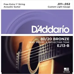 Encordoamento para Violão Aço D'Addario EJ13-B (.011-.052) (com Corda 1ª Mi Extra) Bronze 80/20