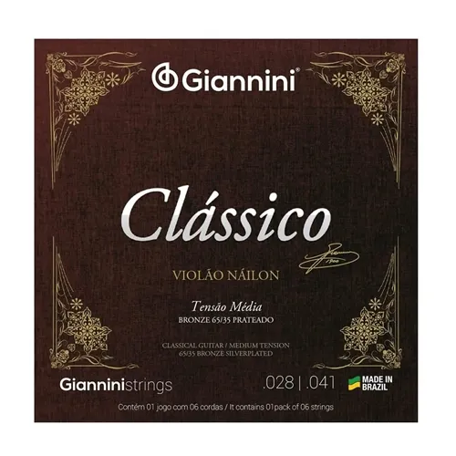 Encordoamento para Violão Nylon Giannini Clássico Tensão Média GENWPM