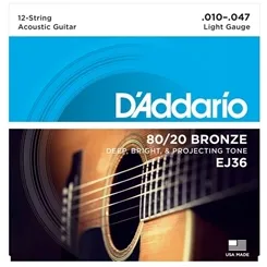 Encordoamento para Violão 12 Cordas D'Addario EJ36 Bronze 80/20 (.010-.047)